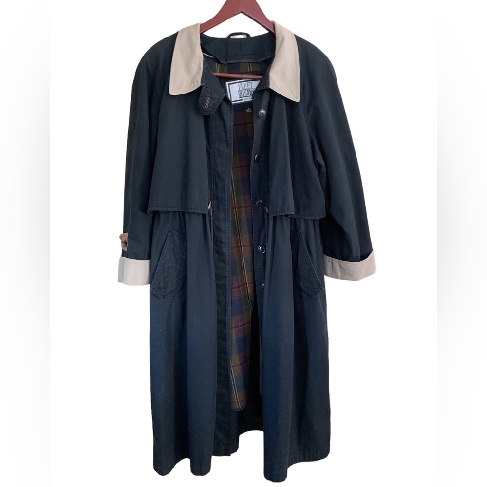 Vtg Fleet Street Black Long All Weather Trench Coat Plaid Liner Women’s Size 12P - Picture 5 of 15